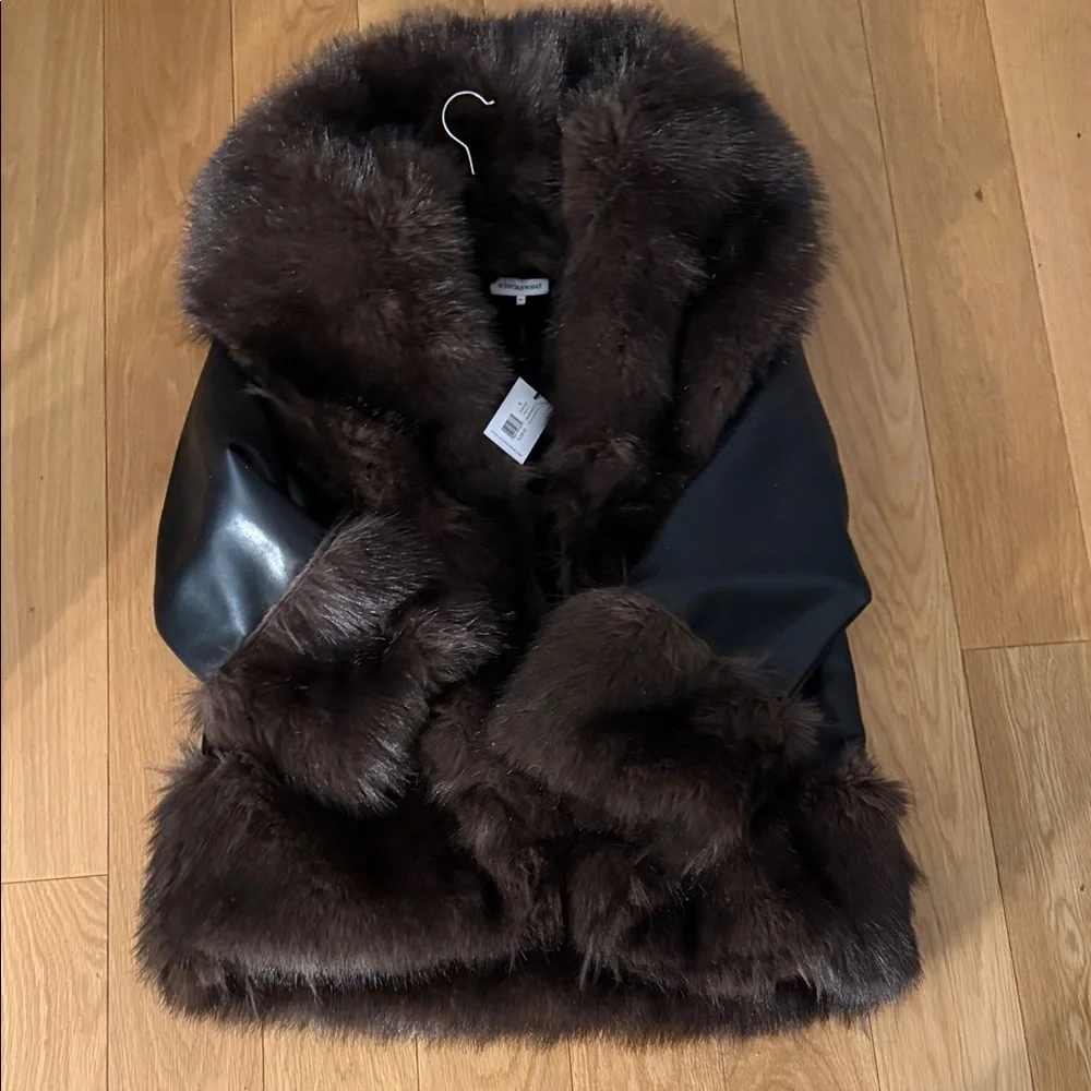 Cocoon Faux Fur Jacket in Black & Dark Brown - Picture 5 of 8